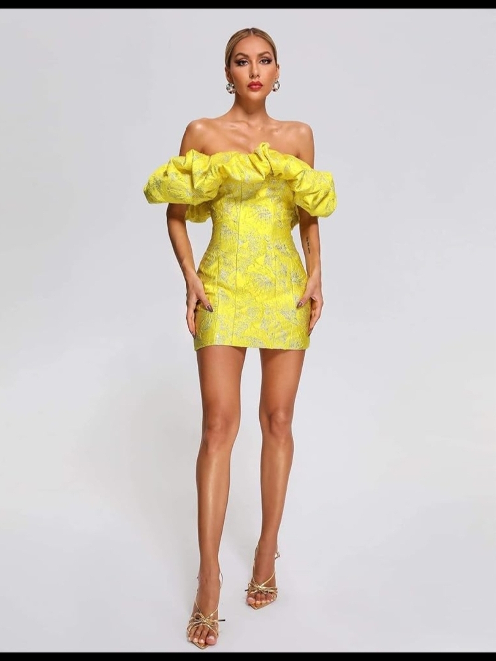 Yellow Floral Mini Dress with Ruffle Shoulders - Women